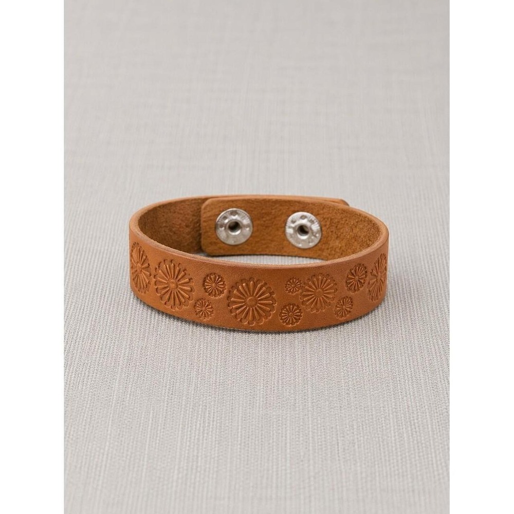 Handmade Tan Leather Floral Embossed Daisy Cuff Bracelet Boho Snap Closure
